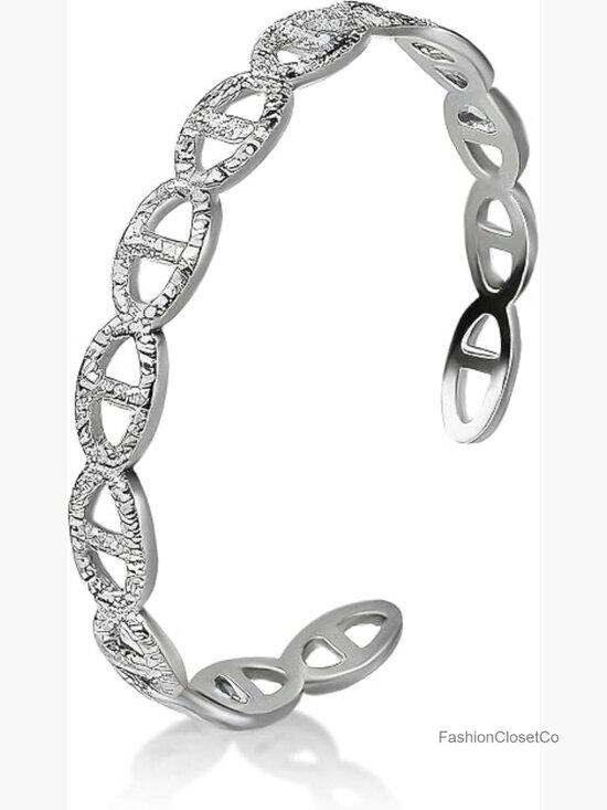 Jewelry - Hammered Silver Cuff Bracelet Bangle, Titanium Steel Adjustable Openwork Design